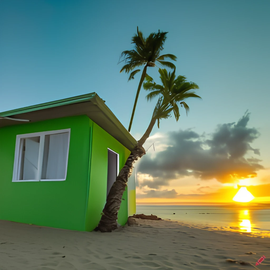 house on beach at sunset